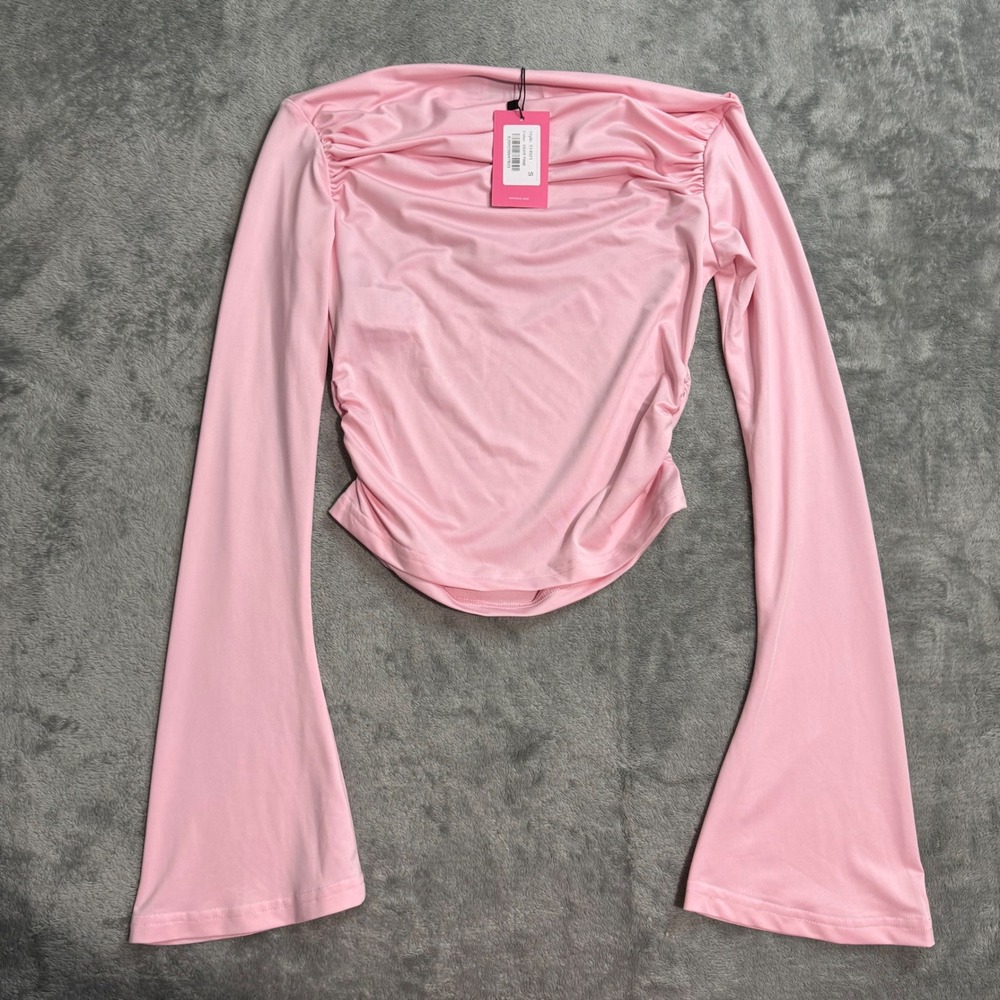 NEW Edikted S14921 Light Pink Ruched Off Shoulder Bell Sleeve Top Small - Picture 5 of 8